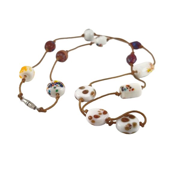Handcrafted Murano Glass Beaded Necklace With Decorative Glass Beads Cotton Cord - Picture 3 of 6